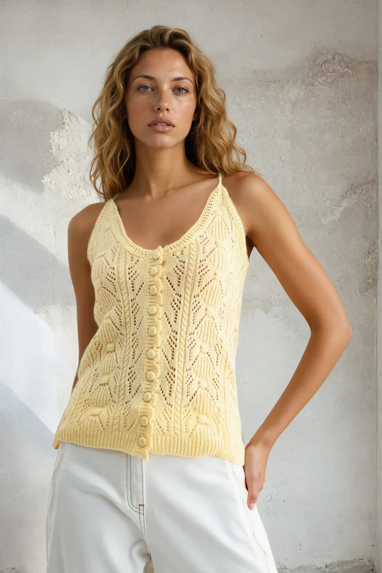 Woman wearing a yellow knitted tank top against a textured wall.