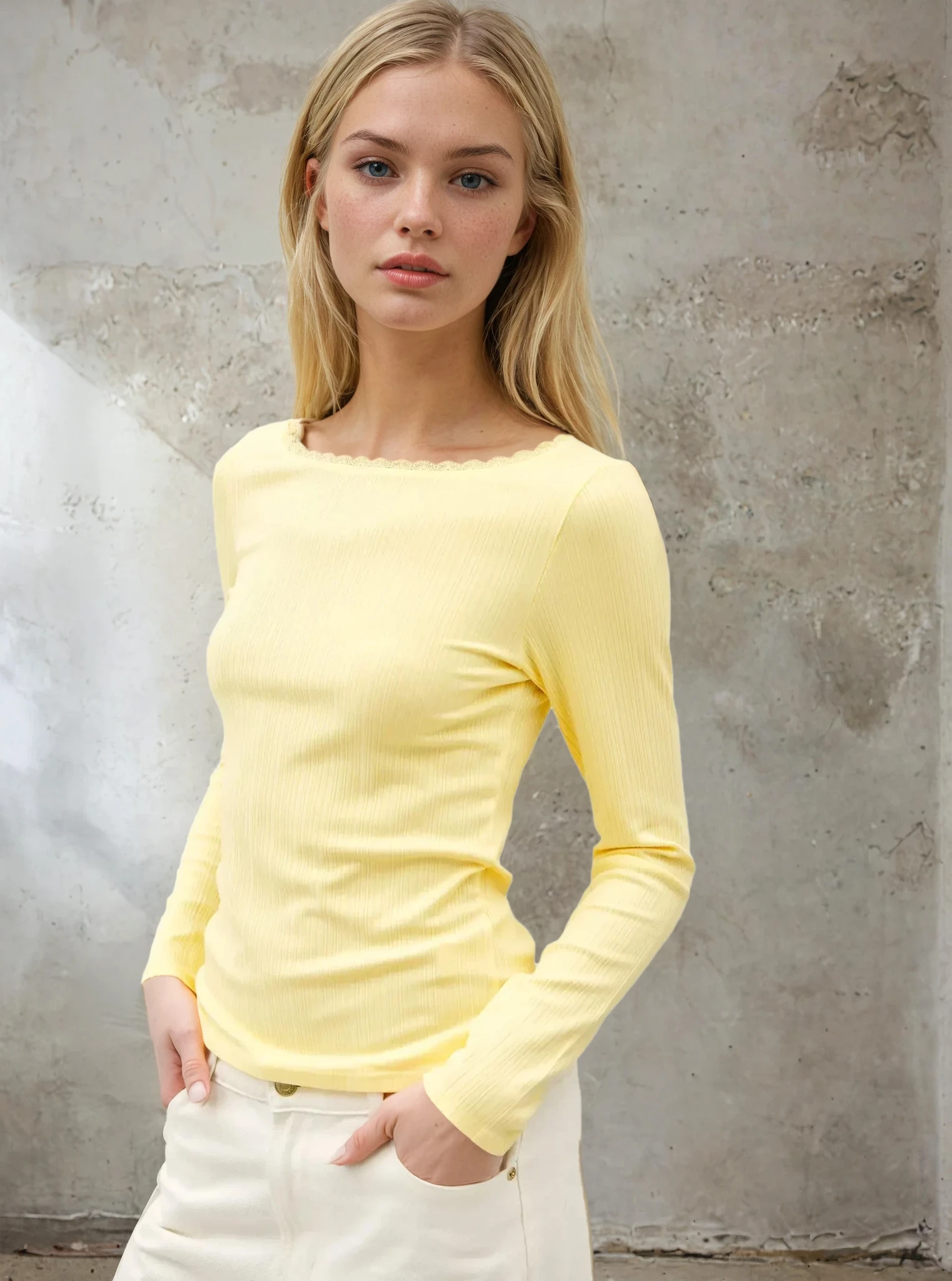 Woman wearing a yellow long-sleeve top against a textured wall.
