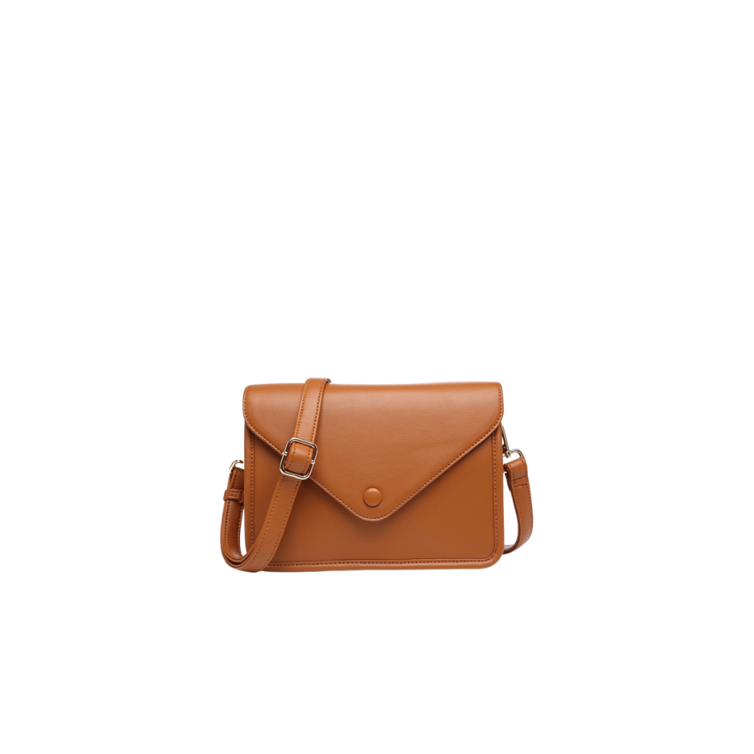 Brown leather handbag on a white background