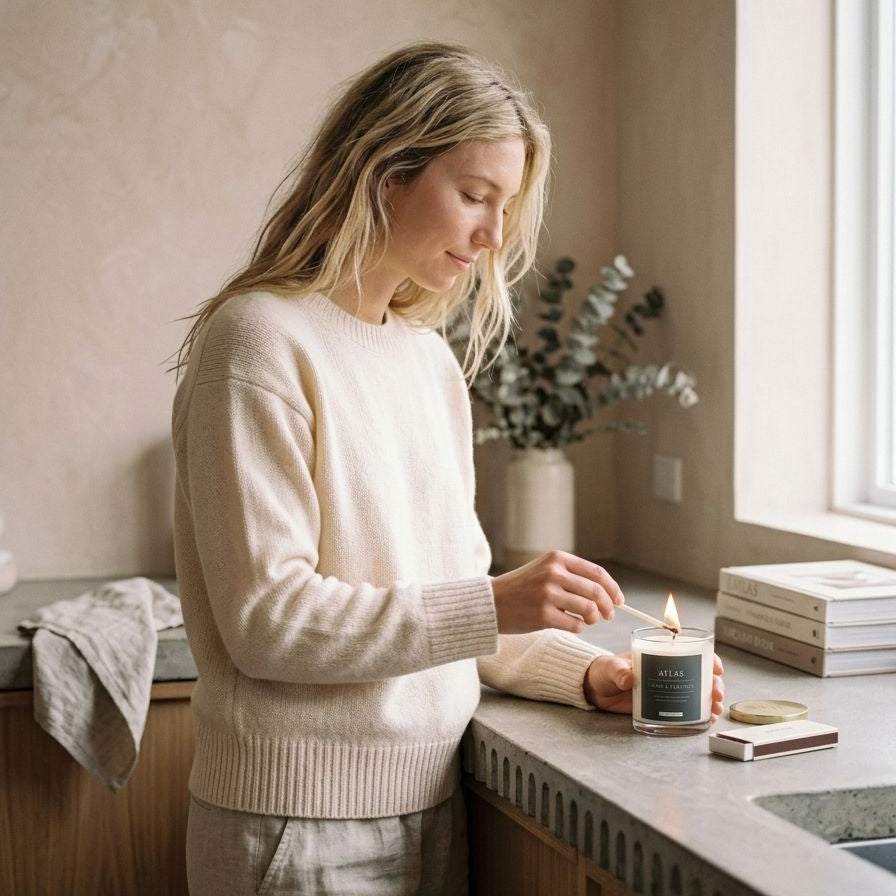 Woman in a kitchen lighting a candle on a countertop.