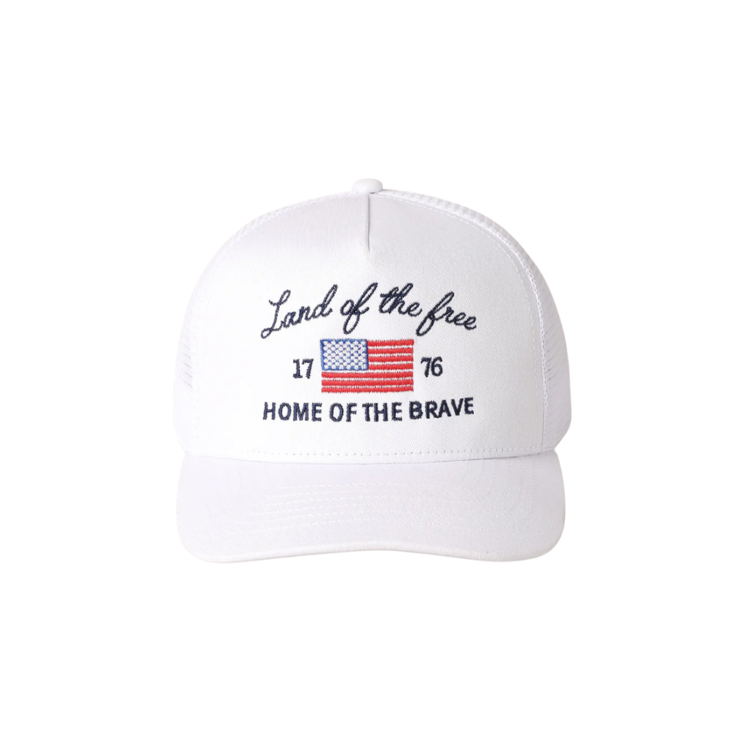 White cap with 'Land of the free Home of the Brave' text and American flag on a white background