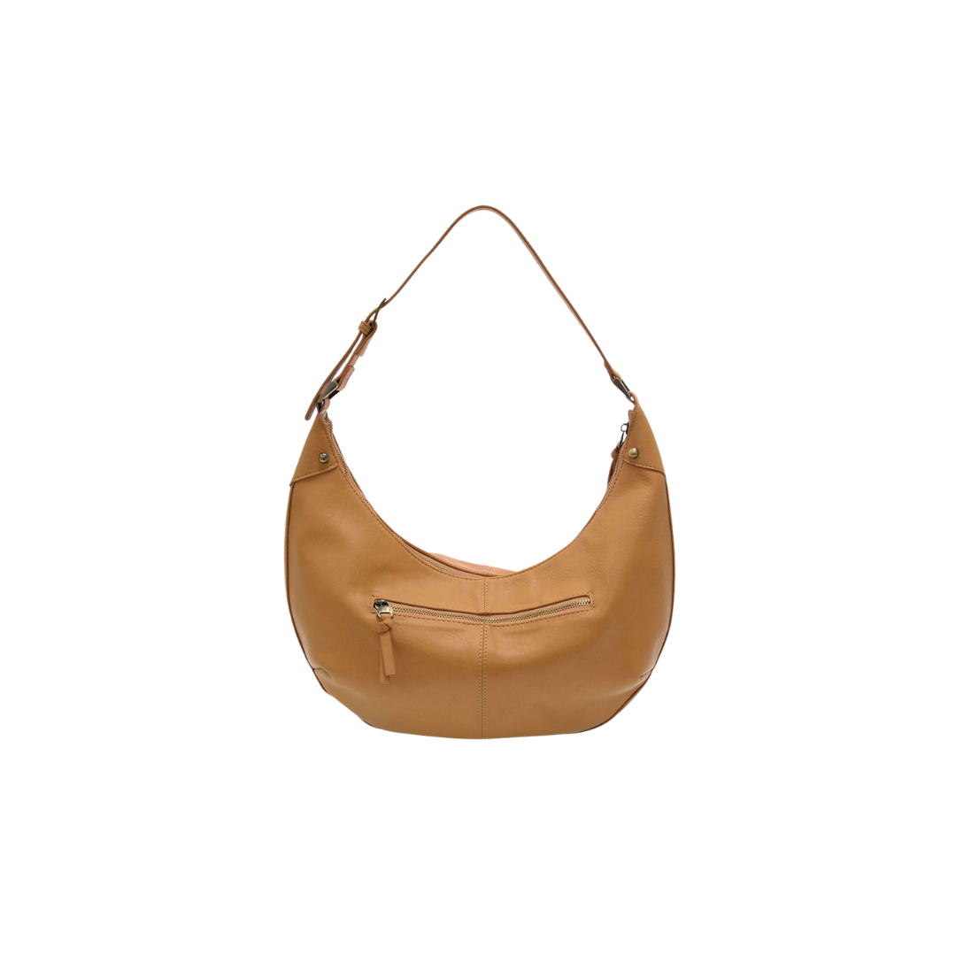 Tan leather handbag on a white background