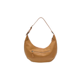 Tan leather handbag on a white background