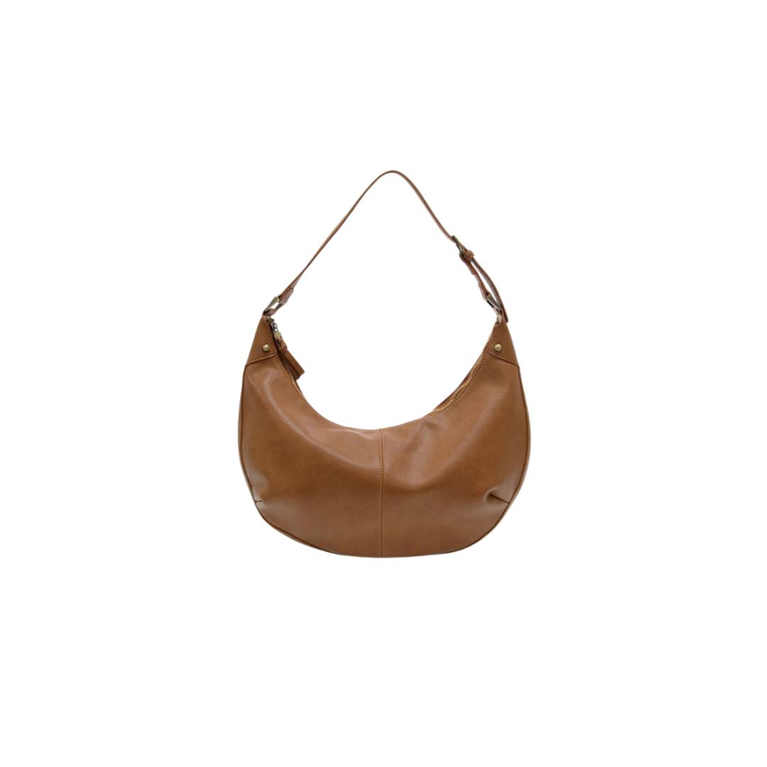 Brown leather handbag on a white background