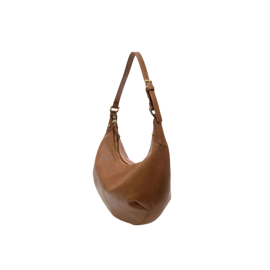 Brown leather handbag on a white background
