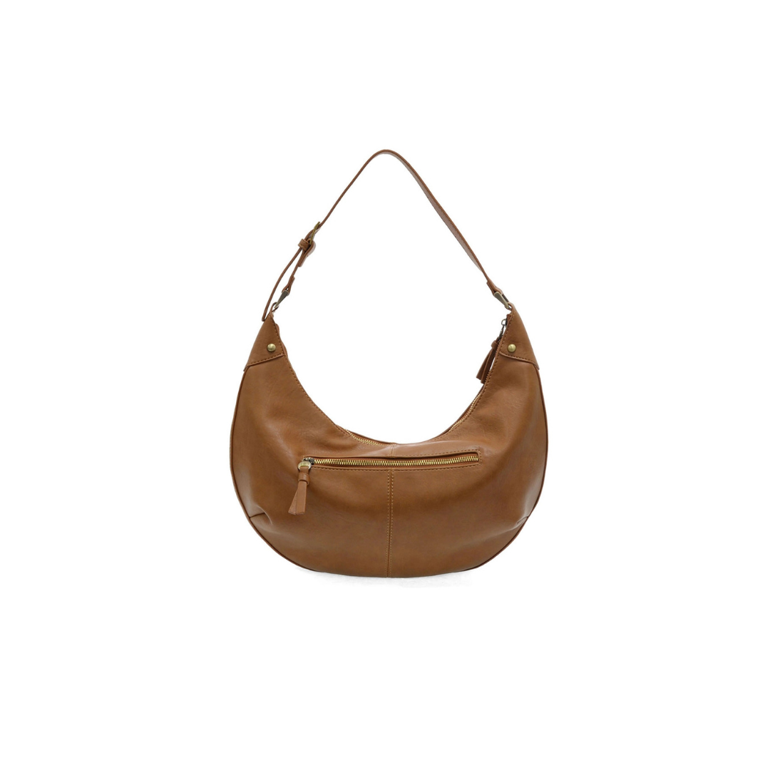 Brown leather handbag on a white background