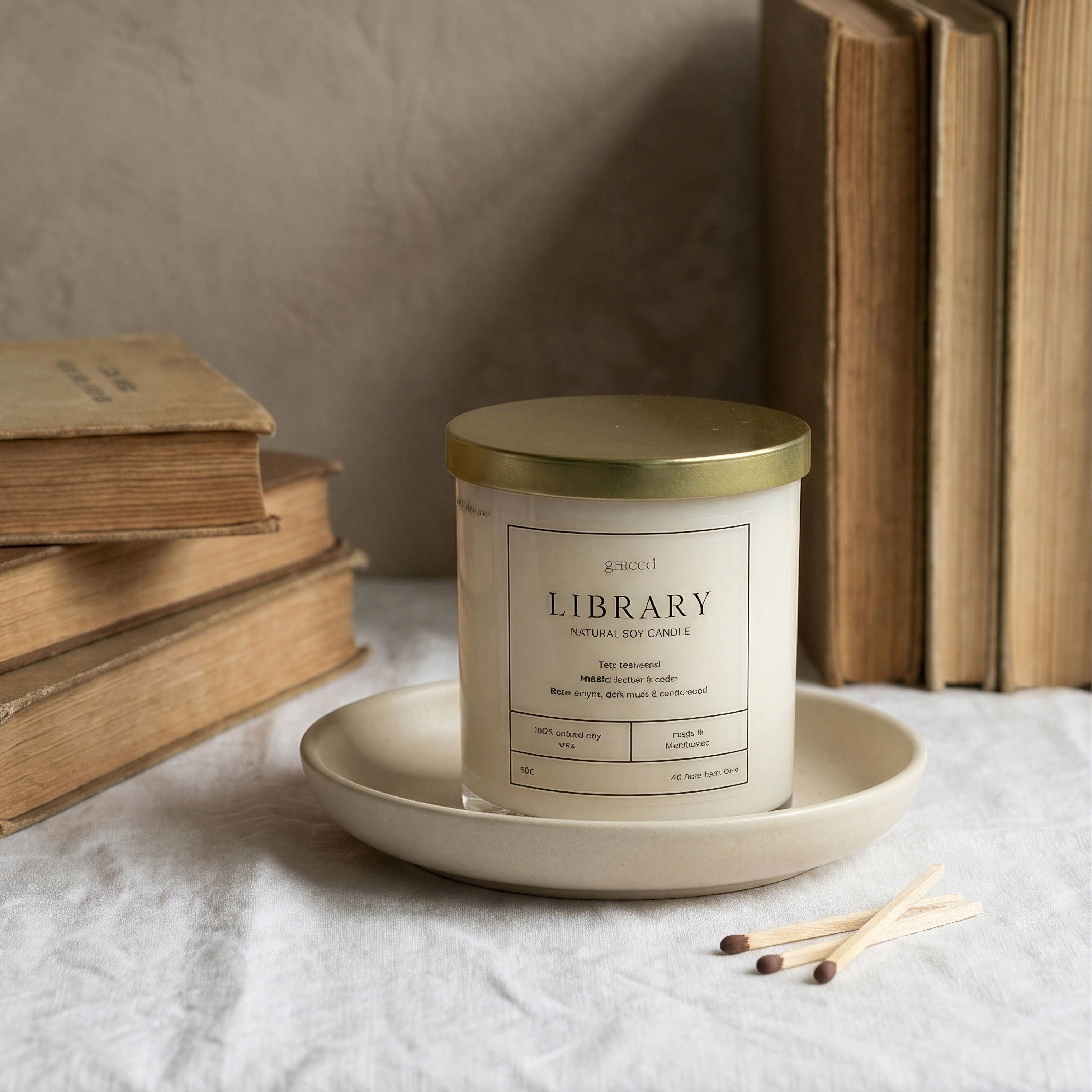 Candle labeled 'Library' on a plate with books in the background