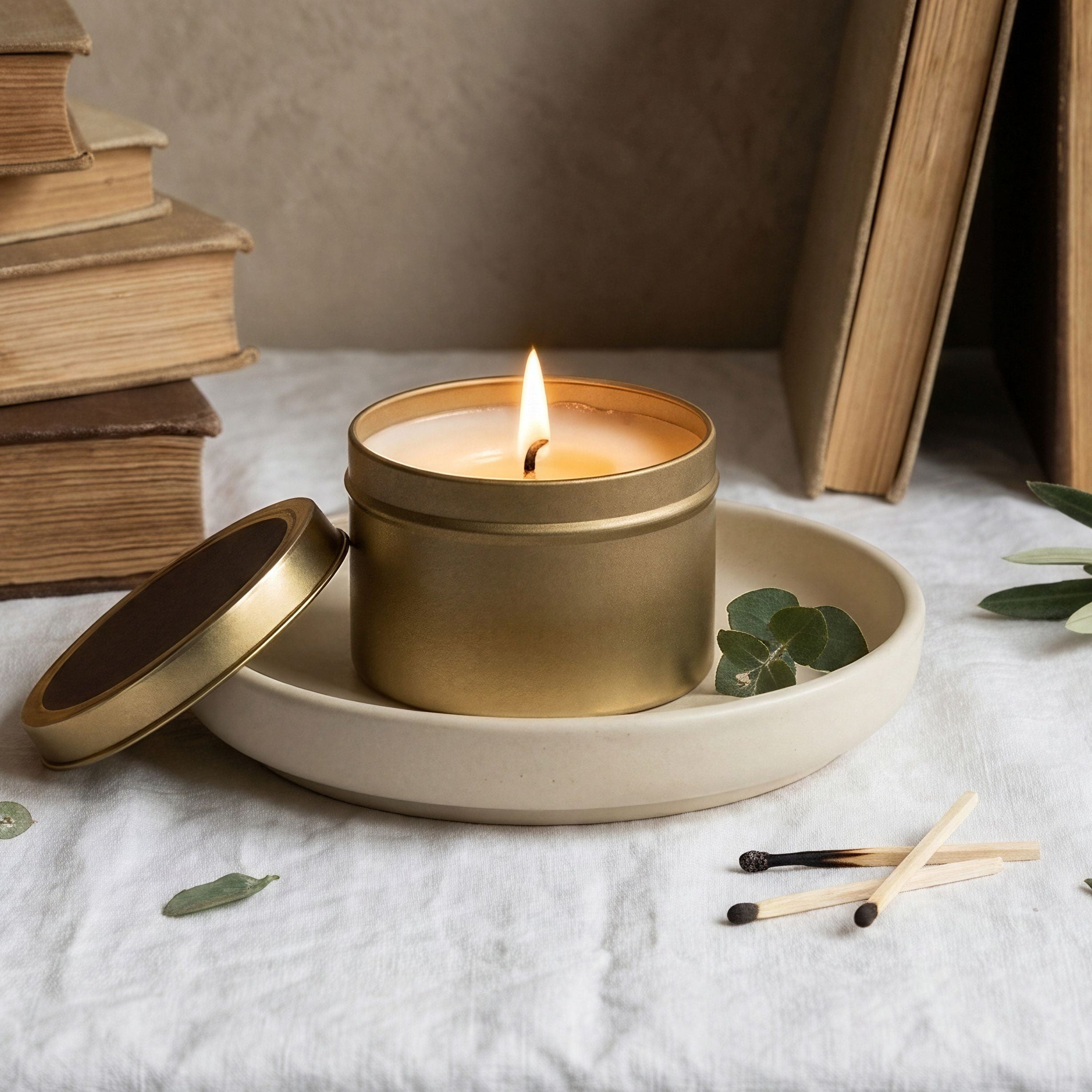 Candle in a gold container on a white surface with books and greenery