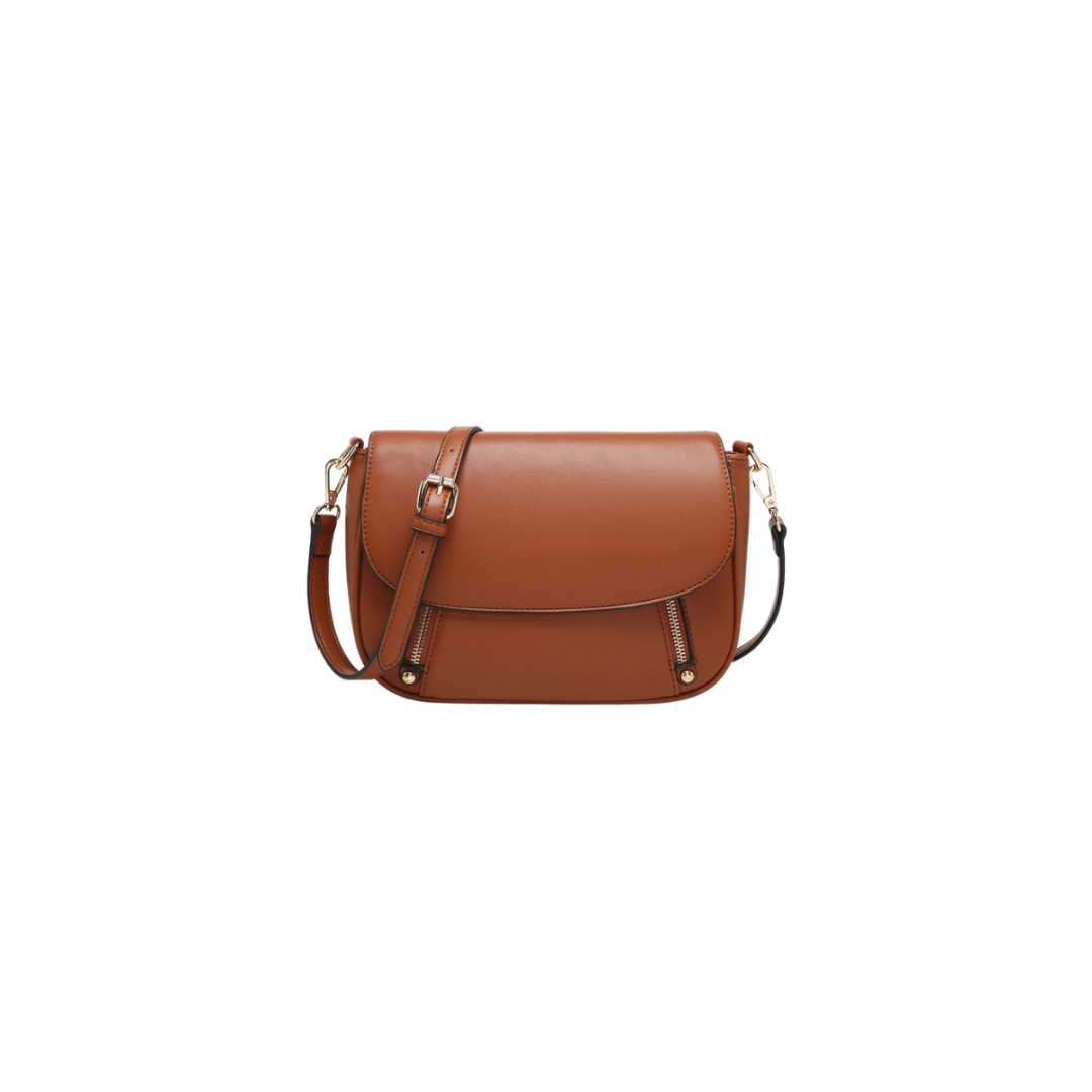 Brown leather handbag on a white background