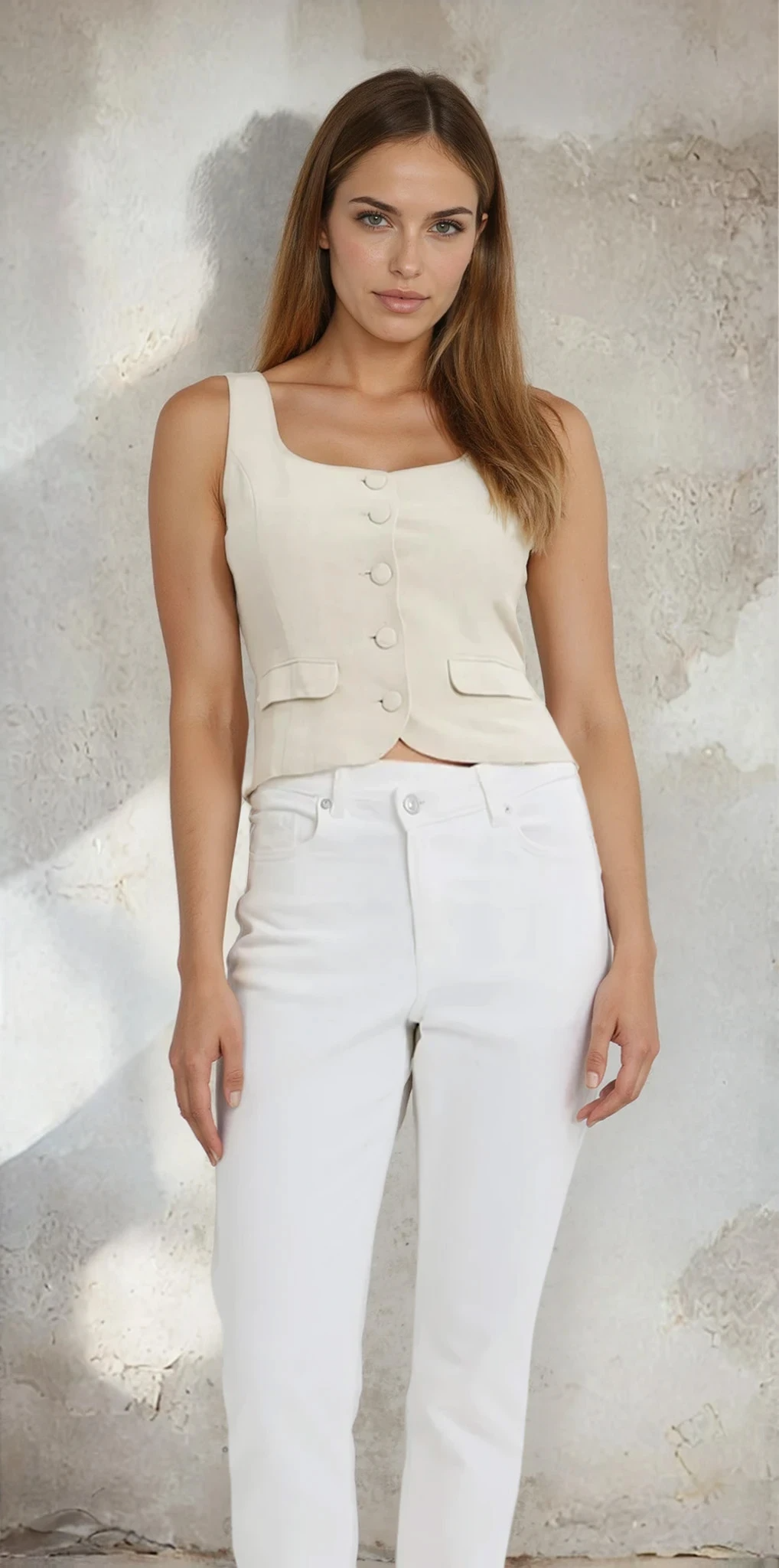 Woman wearing a beige sleeveless top and white pants against a textured wall.