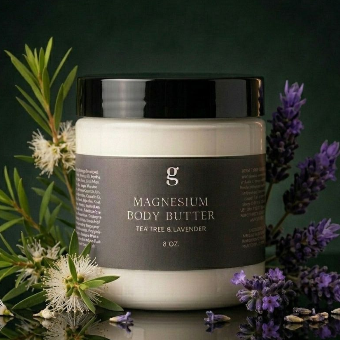 Jar of magnesium body butter with lavender and tea tree leaves on a dark background