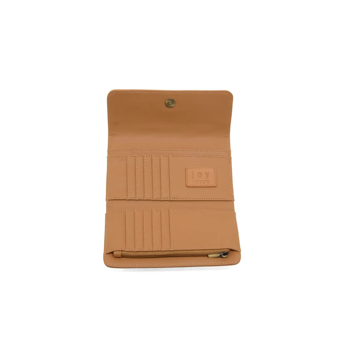 Tan leather wallet on a white background