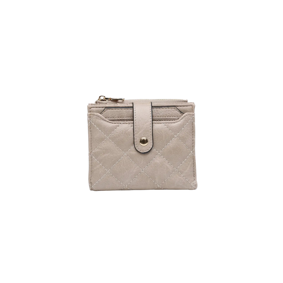 Quilted beige wallet with a strap on a white background