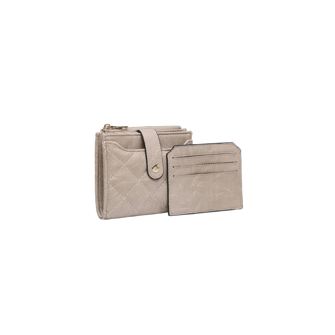 Beige wallet with strap on a white background