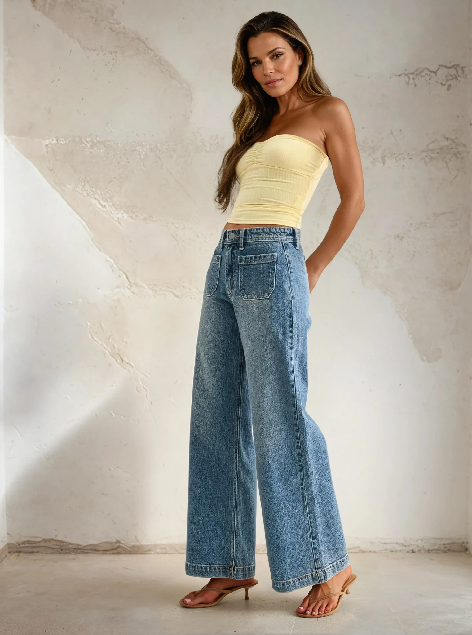Woman wearing a strapless top and wide-leg jeans against a textured wall.
