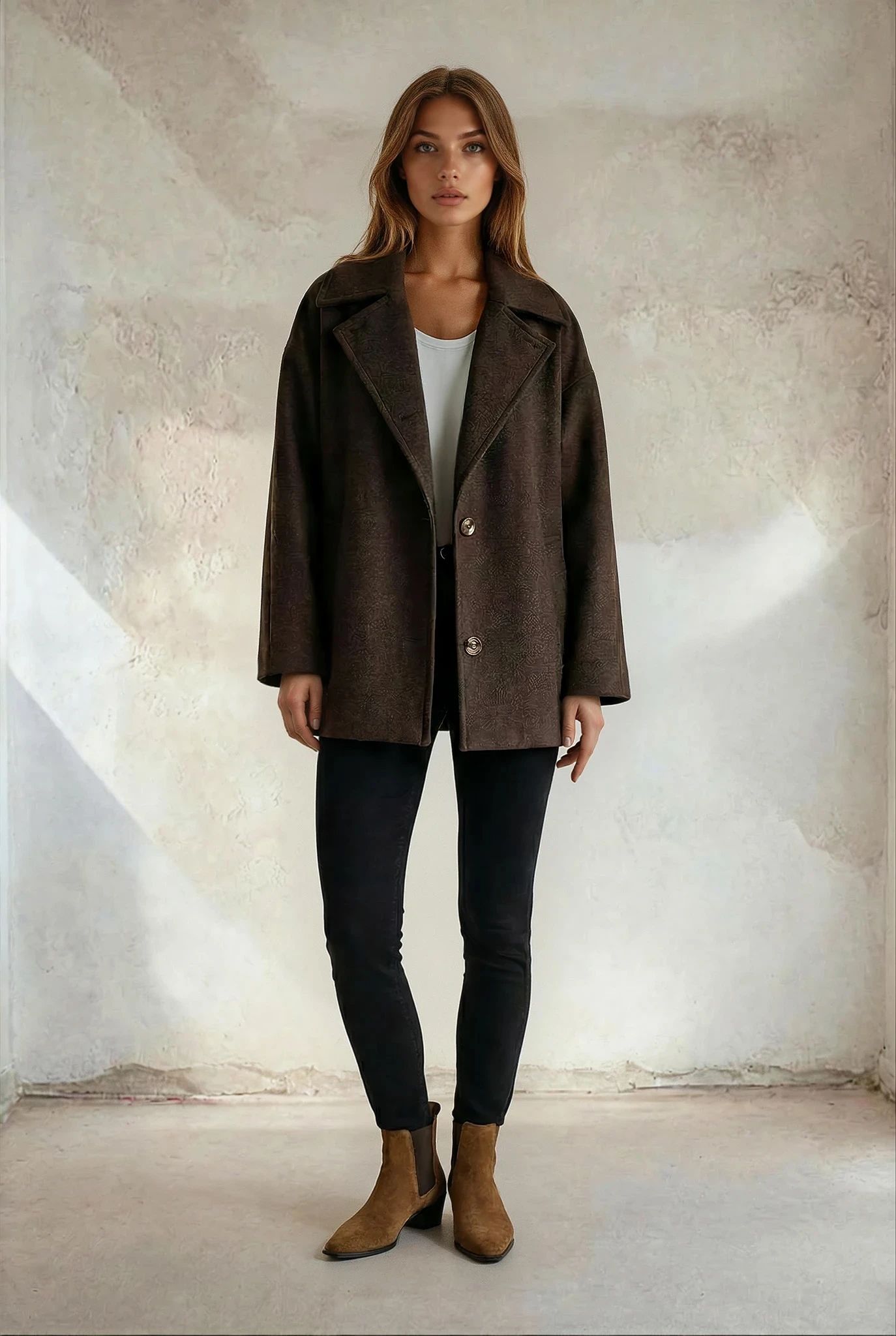 Woman wearing a brown coat, white top, black pants, and brown boots against a neutral background