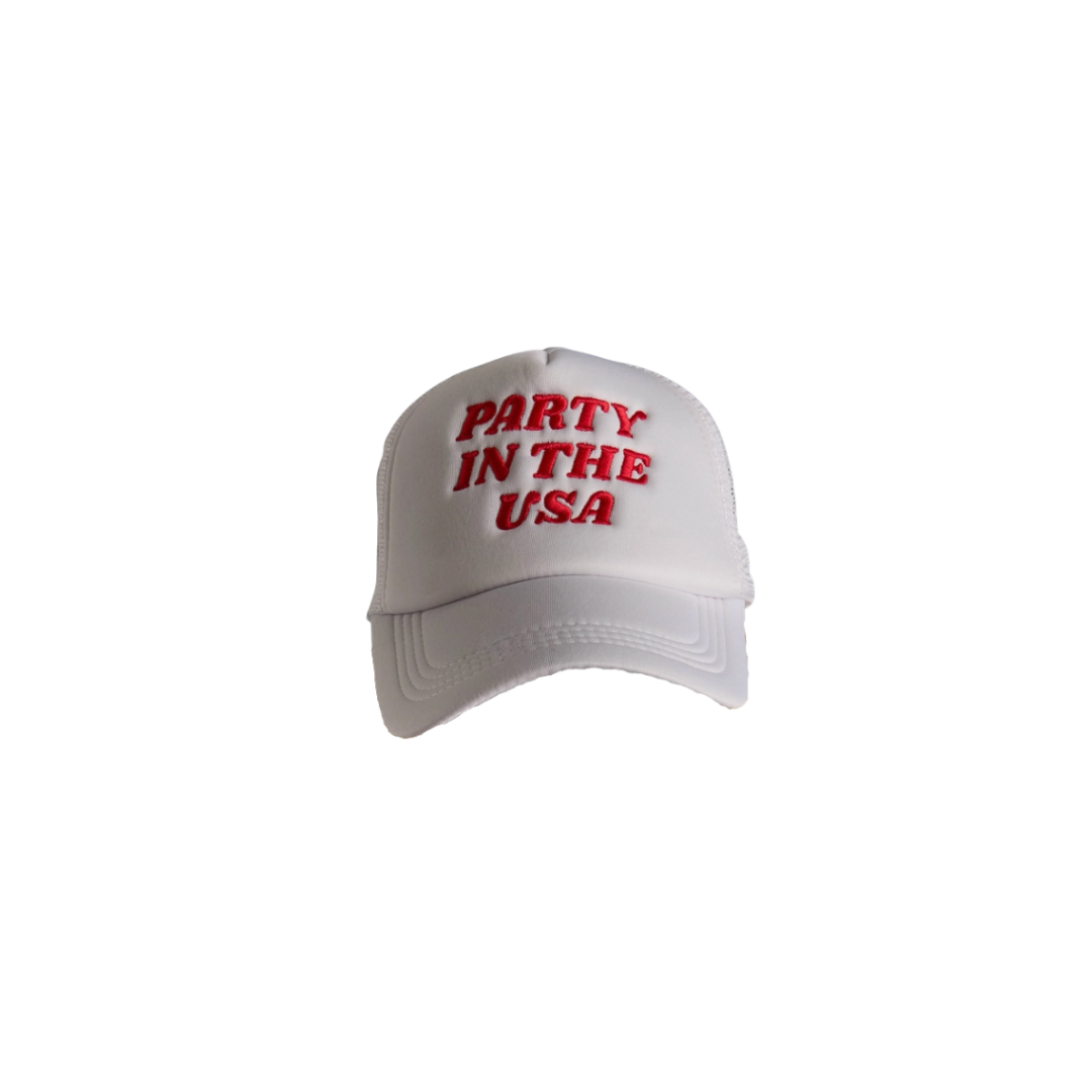 White cap with 'Party in the USA' text in red on a white background