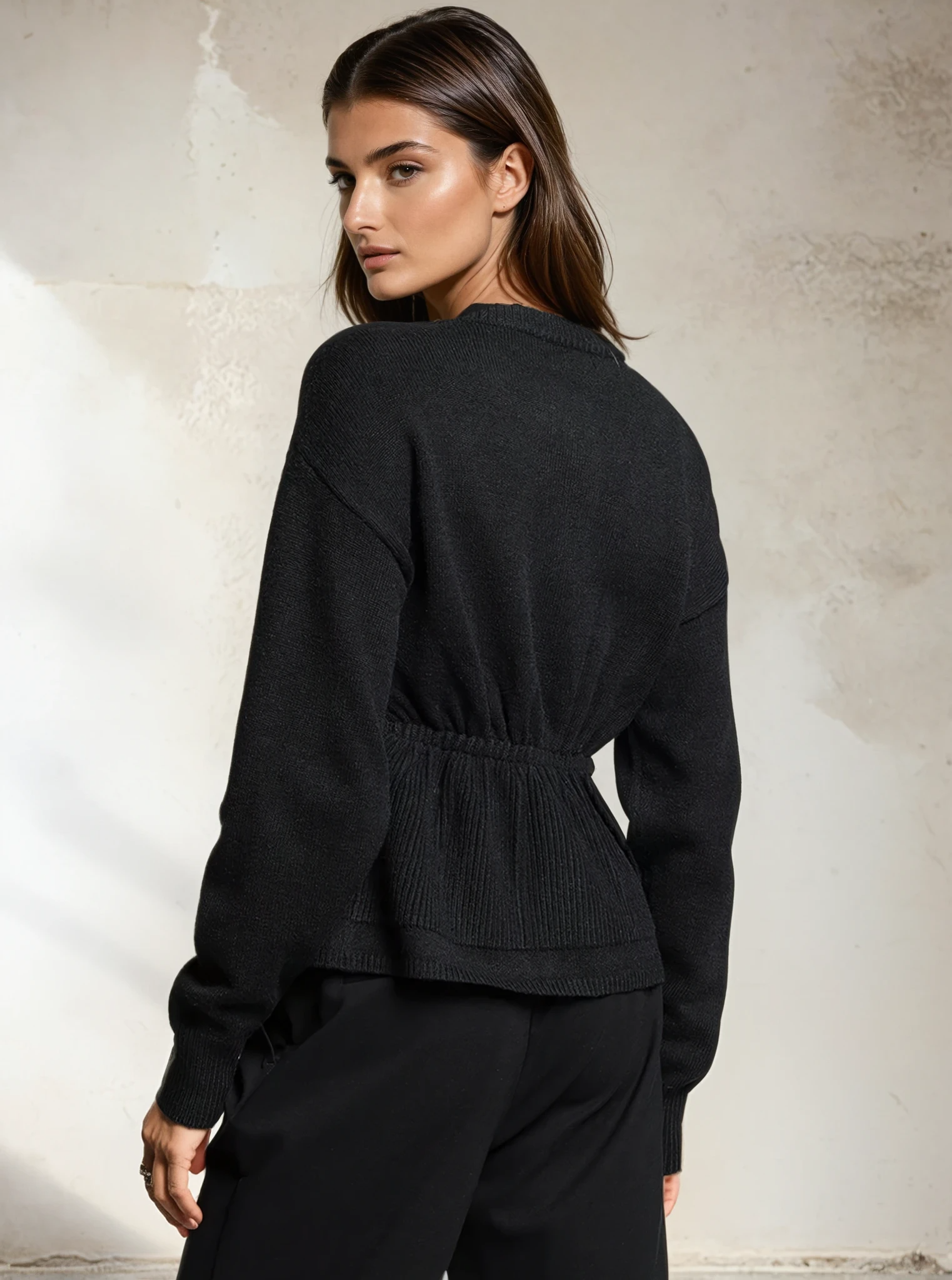 Woman wearing a black sweater against a textured white wall