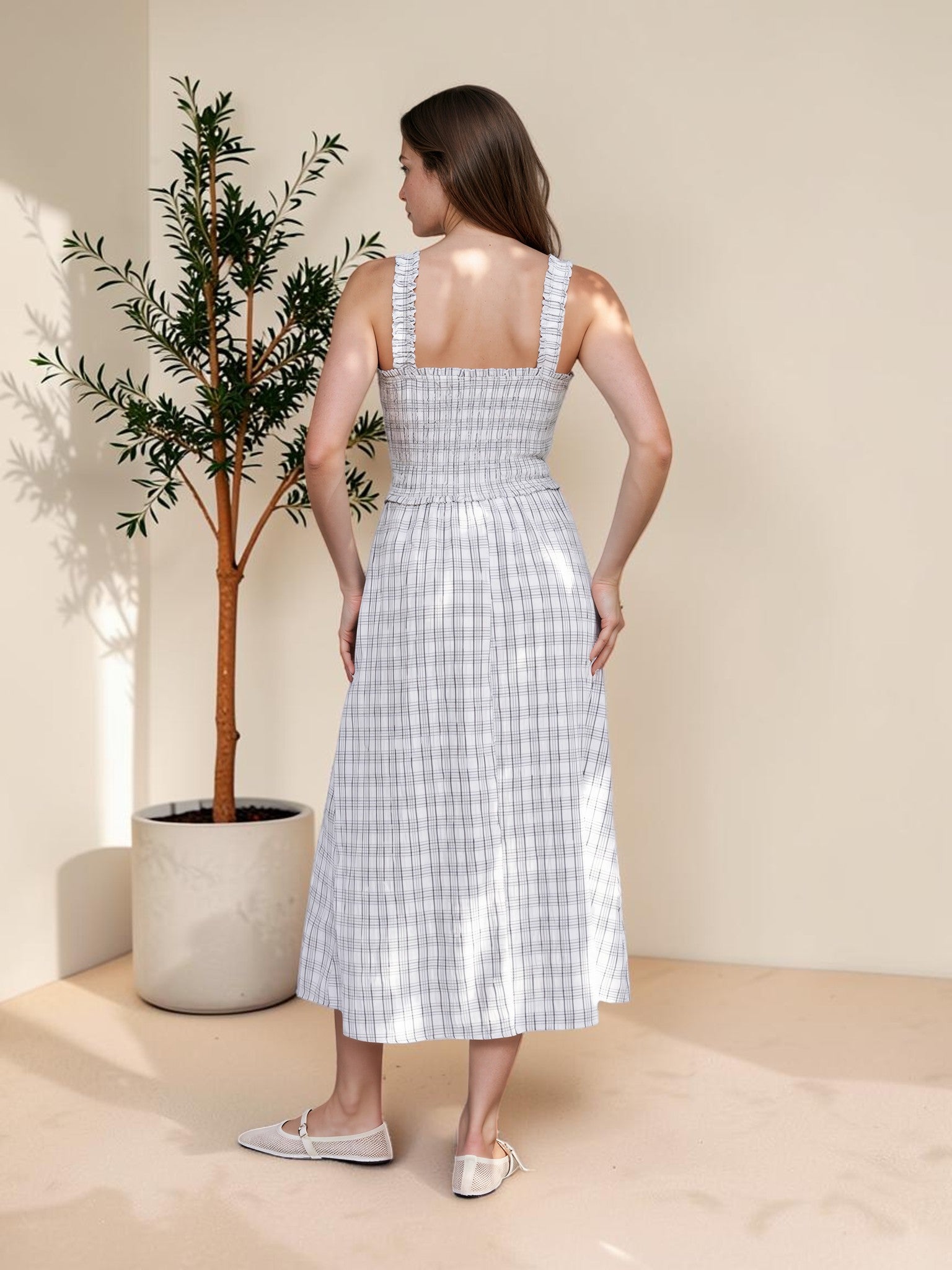 Plaid Print Smocked Midi Dress