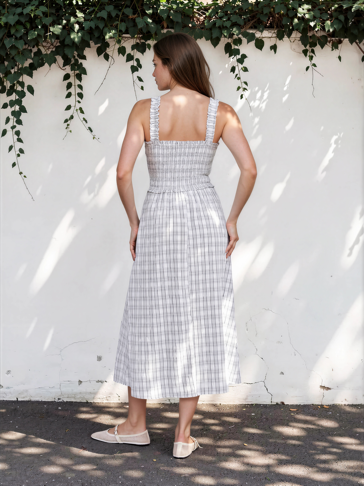 Plaid Print Smocked Midi Dress