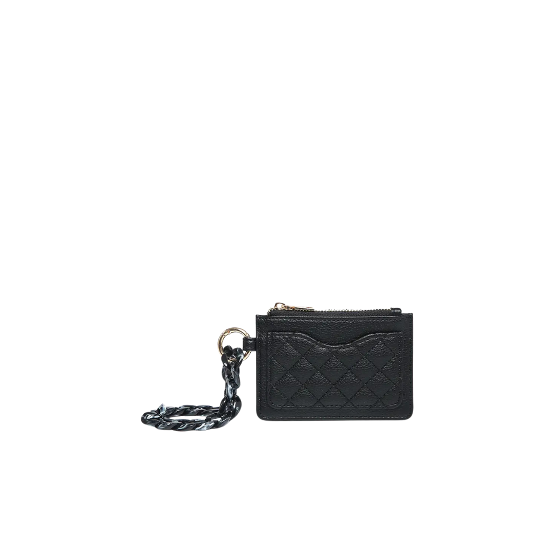 Black quilted wallet with a strap on a white background