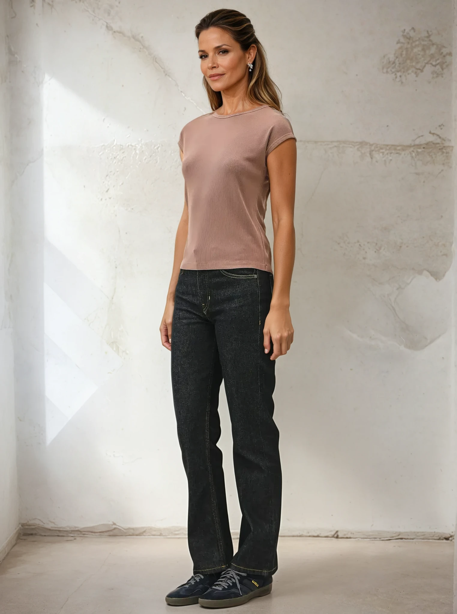 Woman wearing a brown top and black jeans against a white wall.