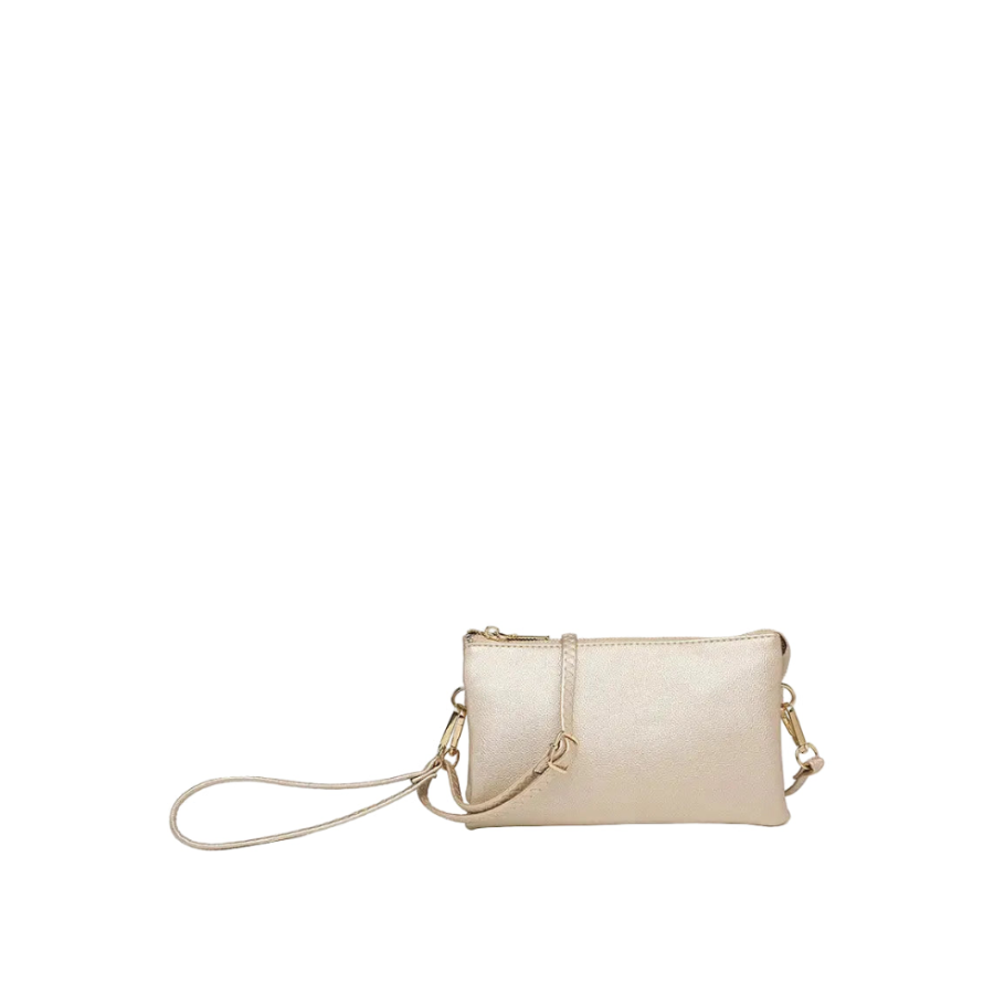 Jen & Co Riley gold crossbody and wristlet bag with sleek design, perfect for accessories and everyday use