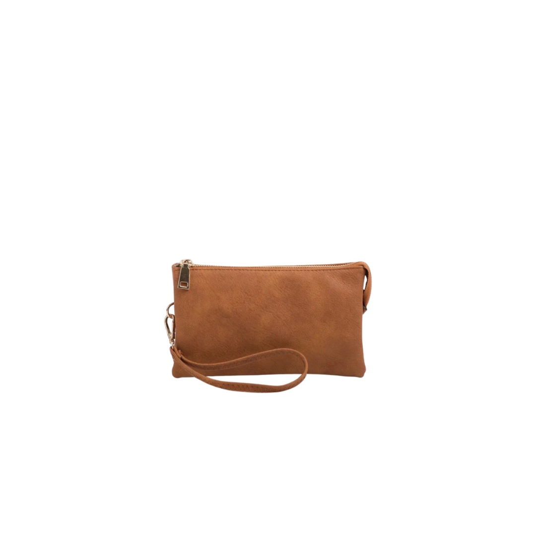 Brown Jen & Co Riley crossbody and wristlet bag with adjustable strap and compact design, perfect for everyday accessories.
