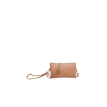 Jen & Co Riley crossbody and wristlet bag in camel leather, showcasing a stylish accessory with a sleek design and gold-tone hardware.