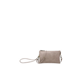 Jen & Co Riley crossbody and wristlet bag in warm grey with adjustable strap and compact design, perfect for everyday accessories.