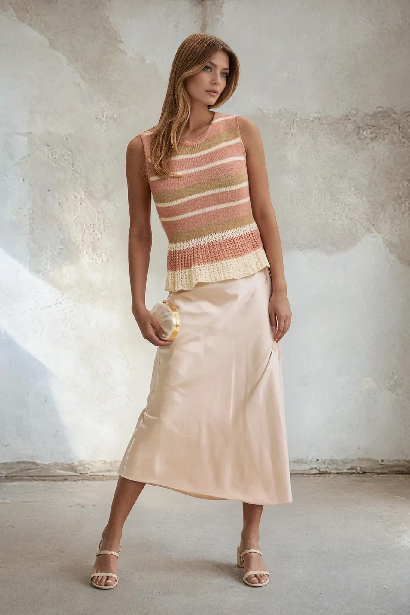 Woman wearing a striped top and satin skirt against a textured wall.