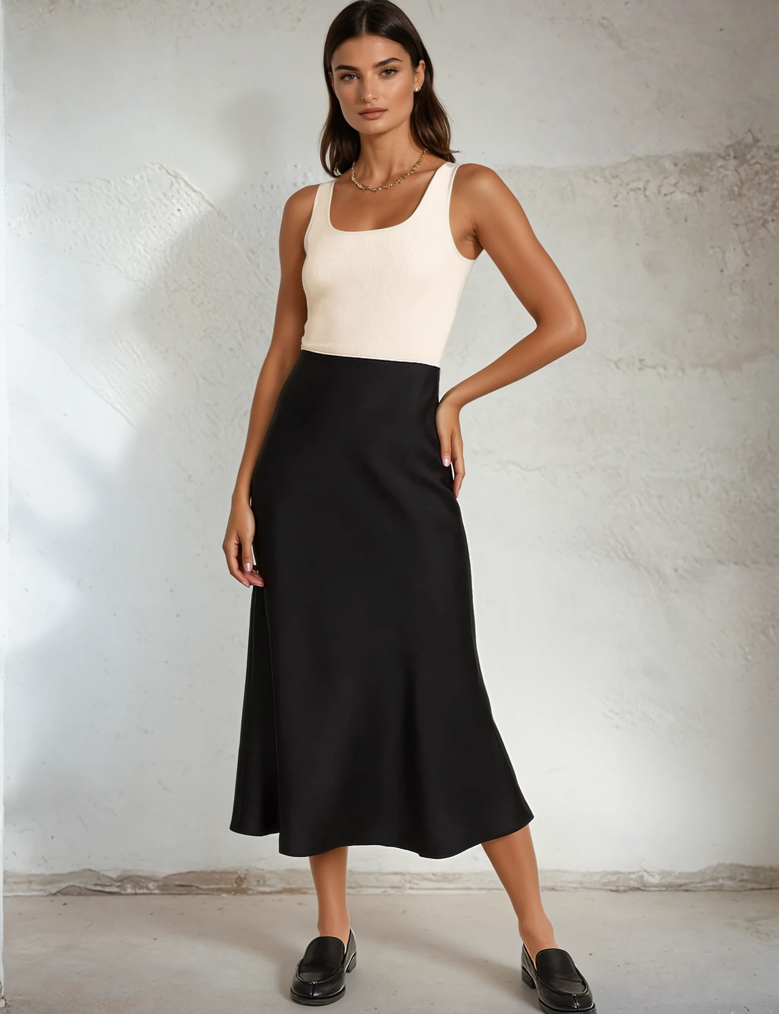 Woman wearing a two-tone dress with a white top and black skirt against a plain background