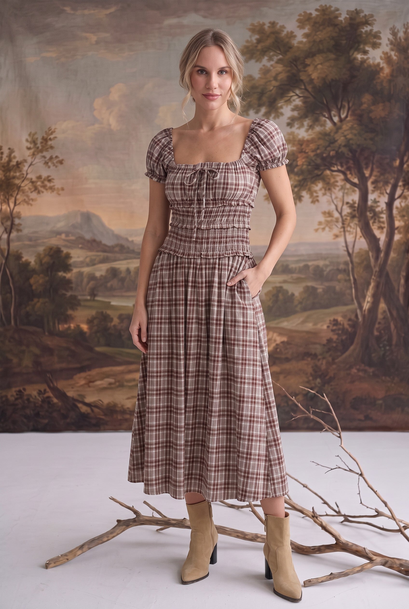 Plaid Puff Sleeve Ruffled Smocked Waist Midi Dress