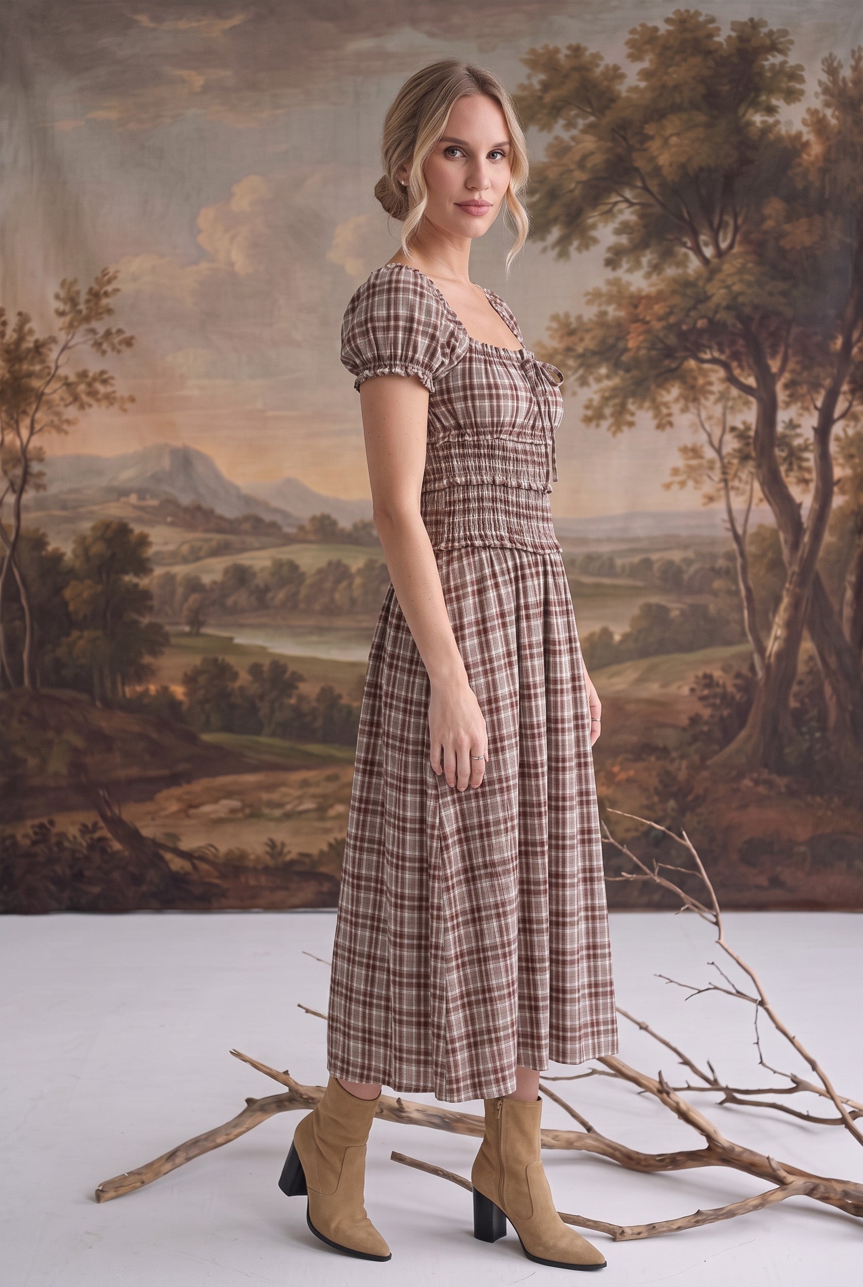 Plaid Puff Sleeve Ruffled Smocked Waist Midi Dress