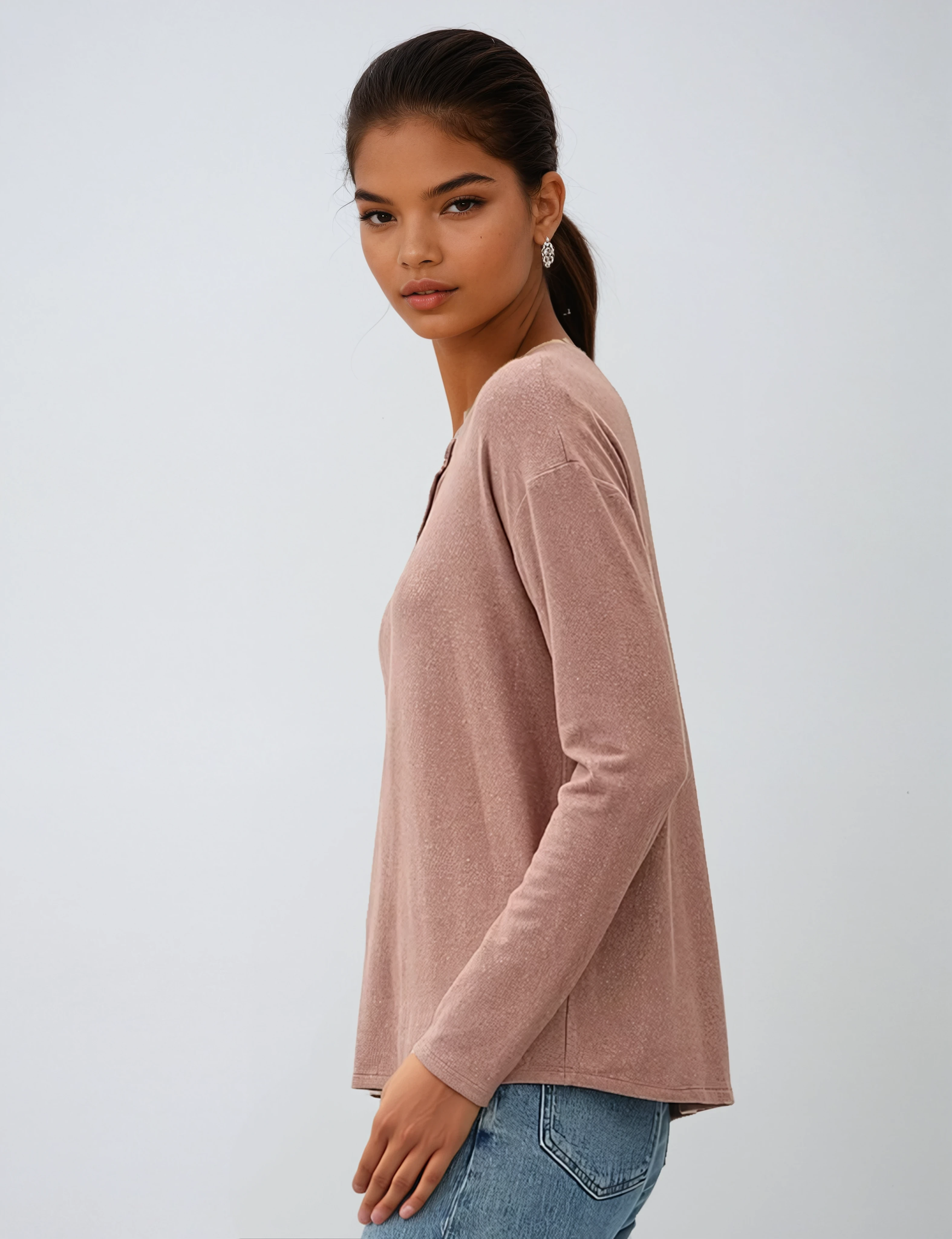 Hacci Long Sleeve Henley Top Marsala