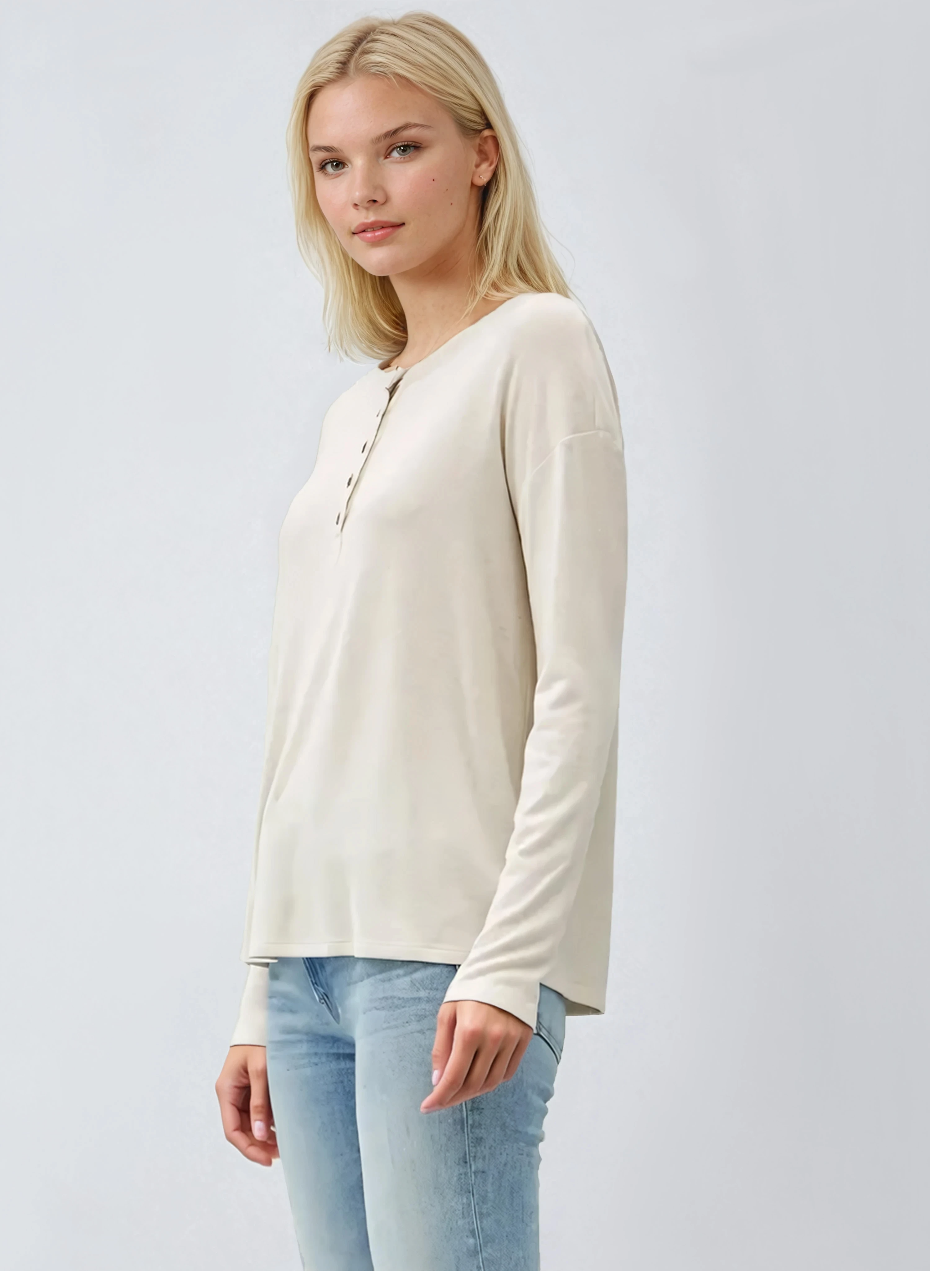 Hacci Long Sleeve Henley Top Oatmeal