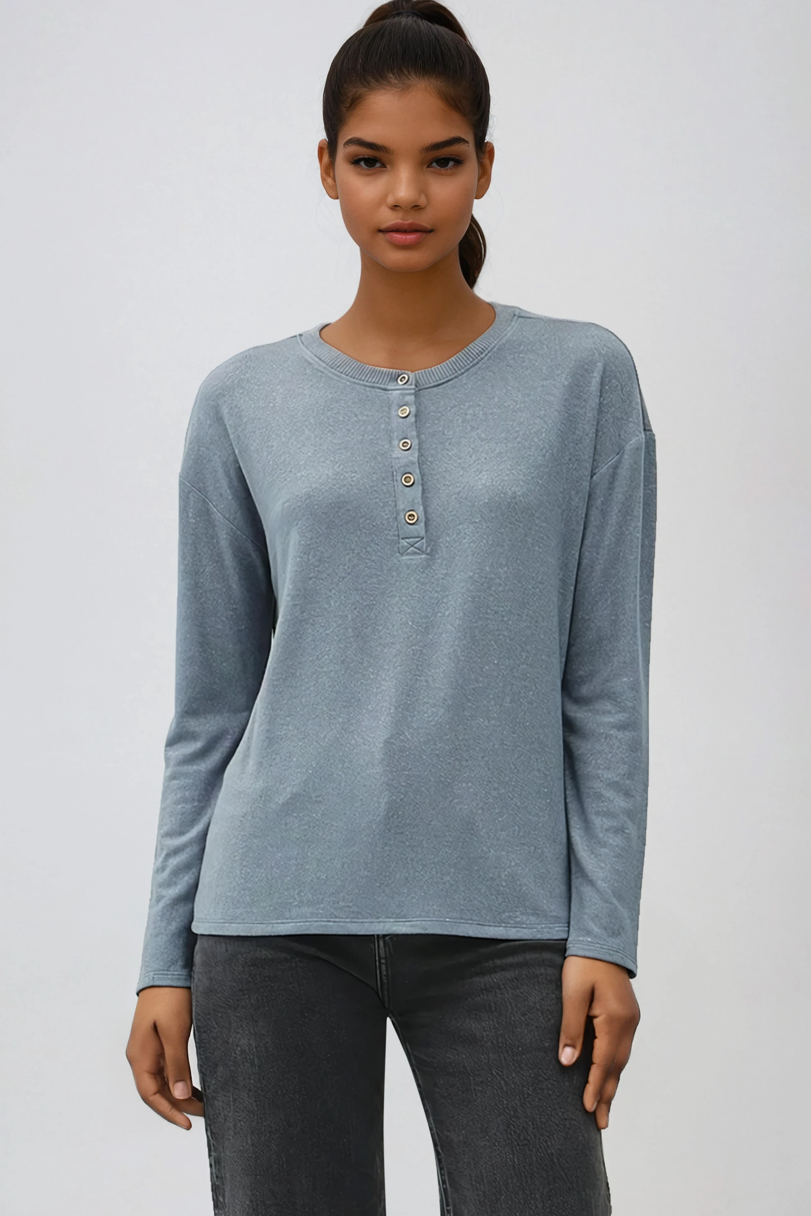 Hacci Long Sleeve Henley Top Teal