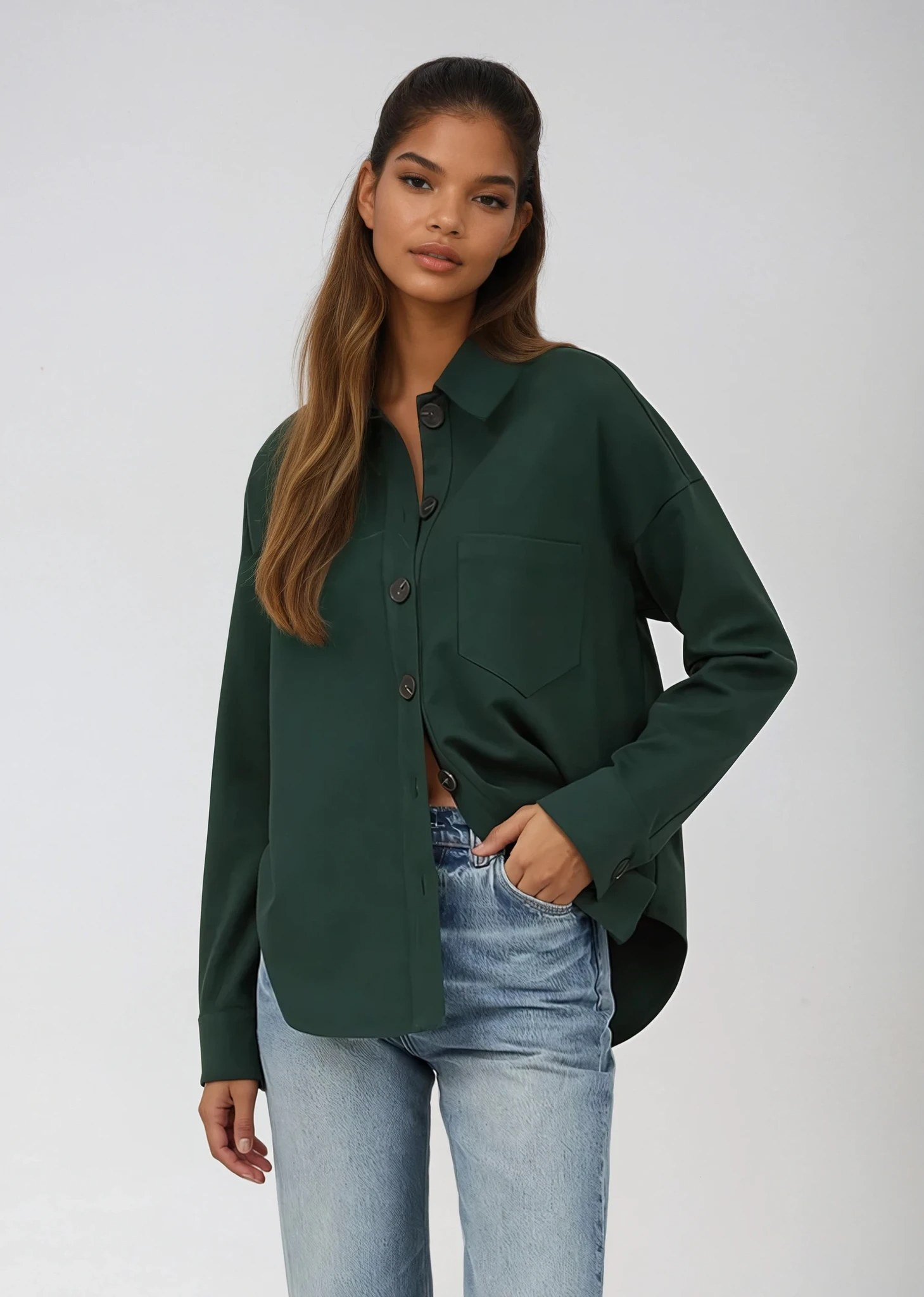 Solid Collared Long Sleeve Shacket Hunter Green