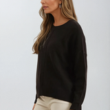 Solid Crewneck Front Seam Knit Sweater Black