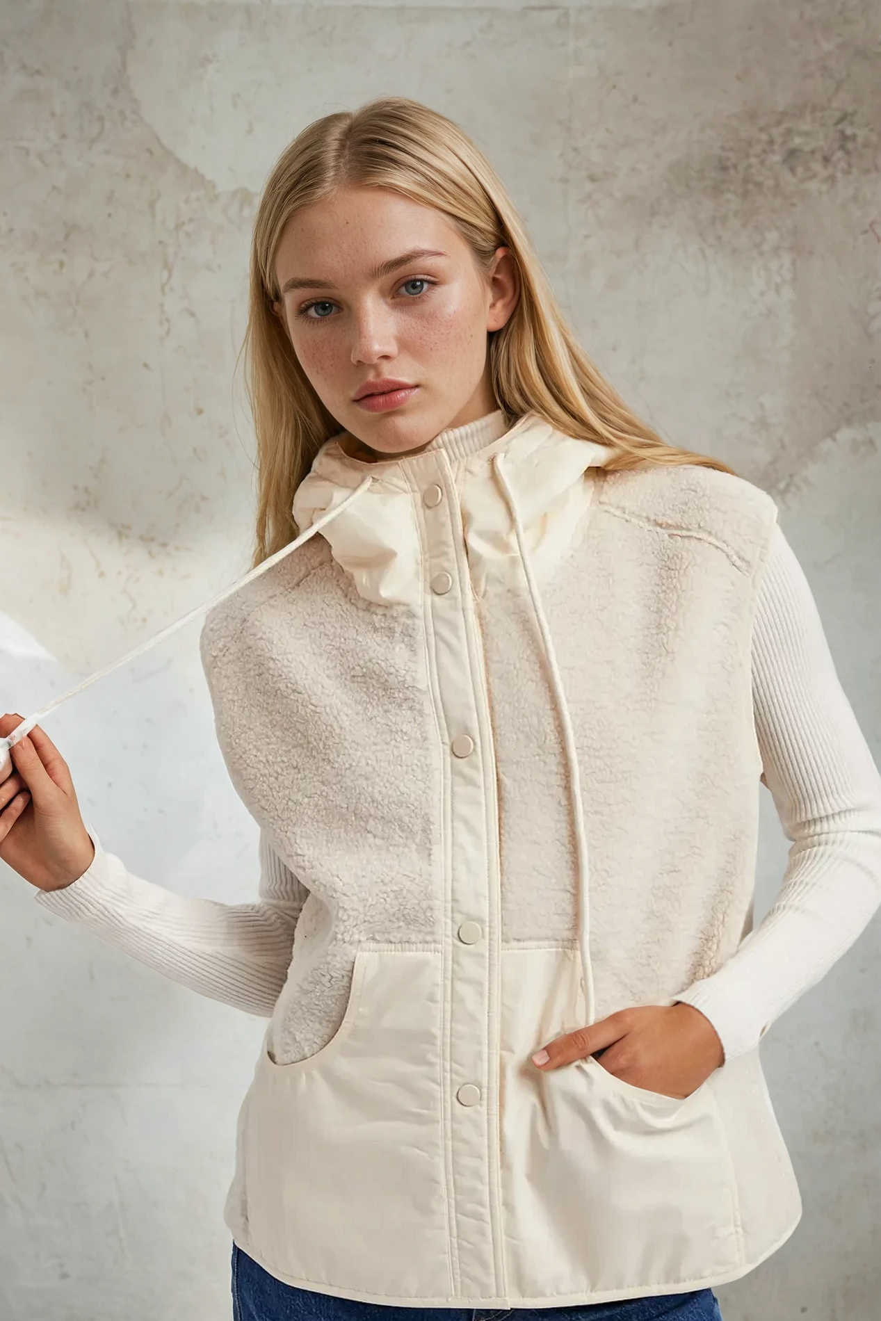 Woman wearing a cream-colored vest over a white shirt against a textured wall.
