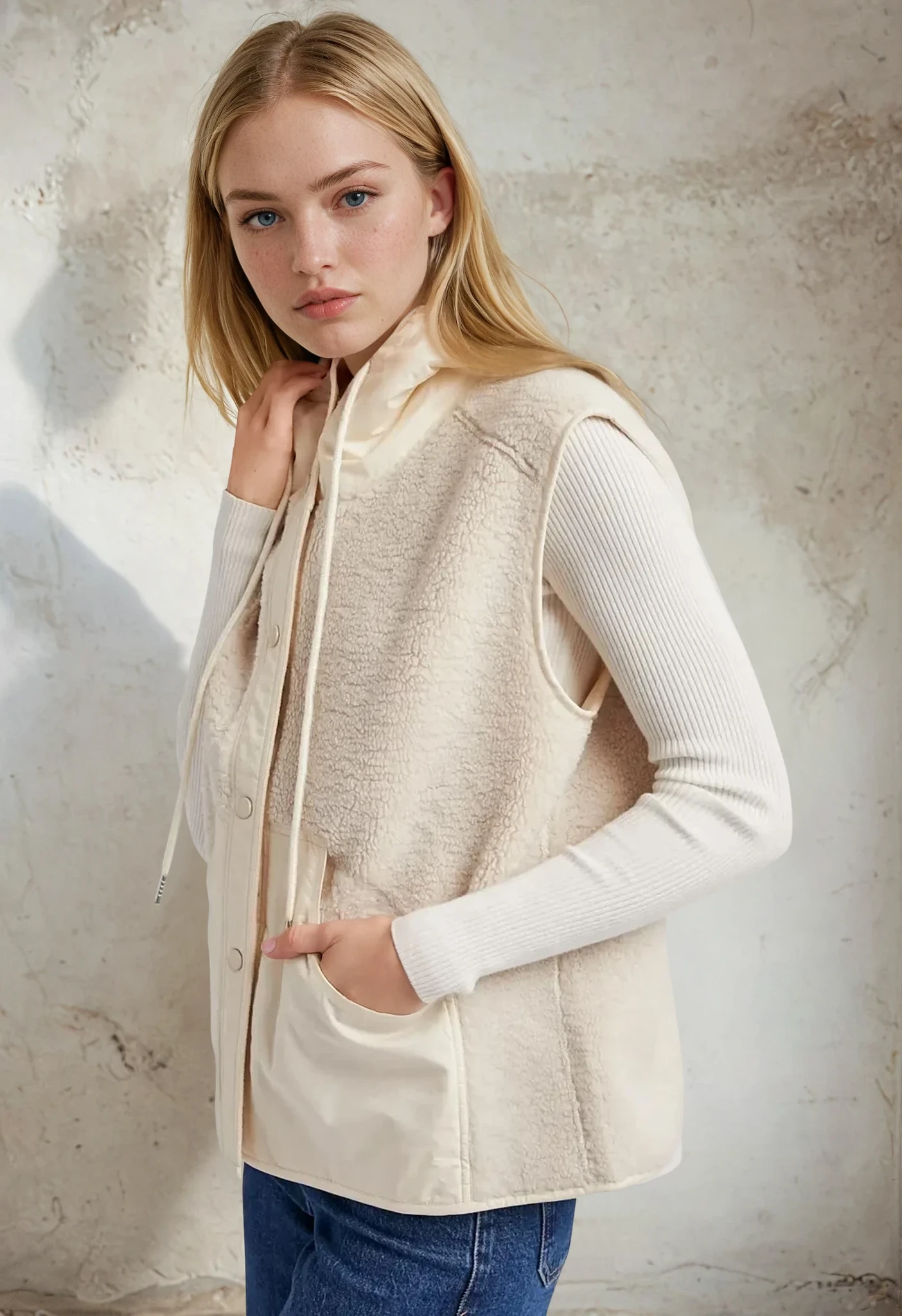 Woman wearing a cream-colored vest over a white shirt with a neutral background