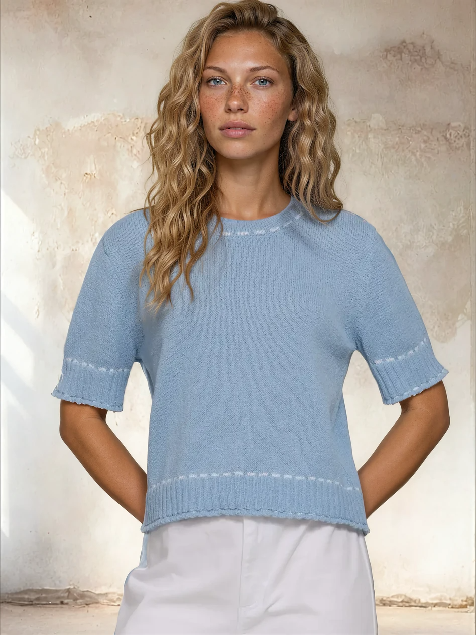 Short Sleeve Round Neck Sweater Blue/White