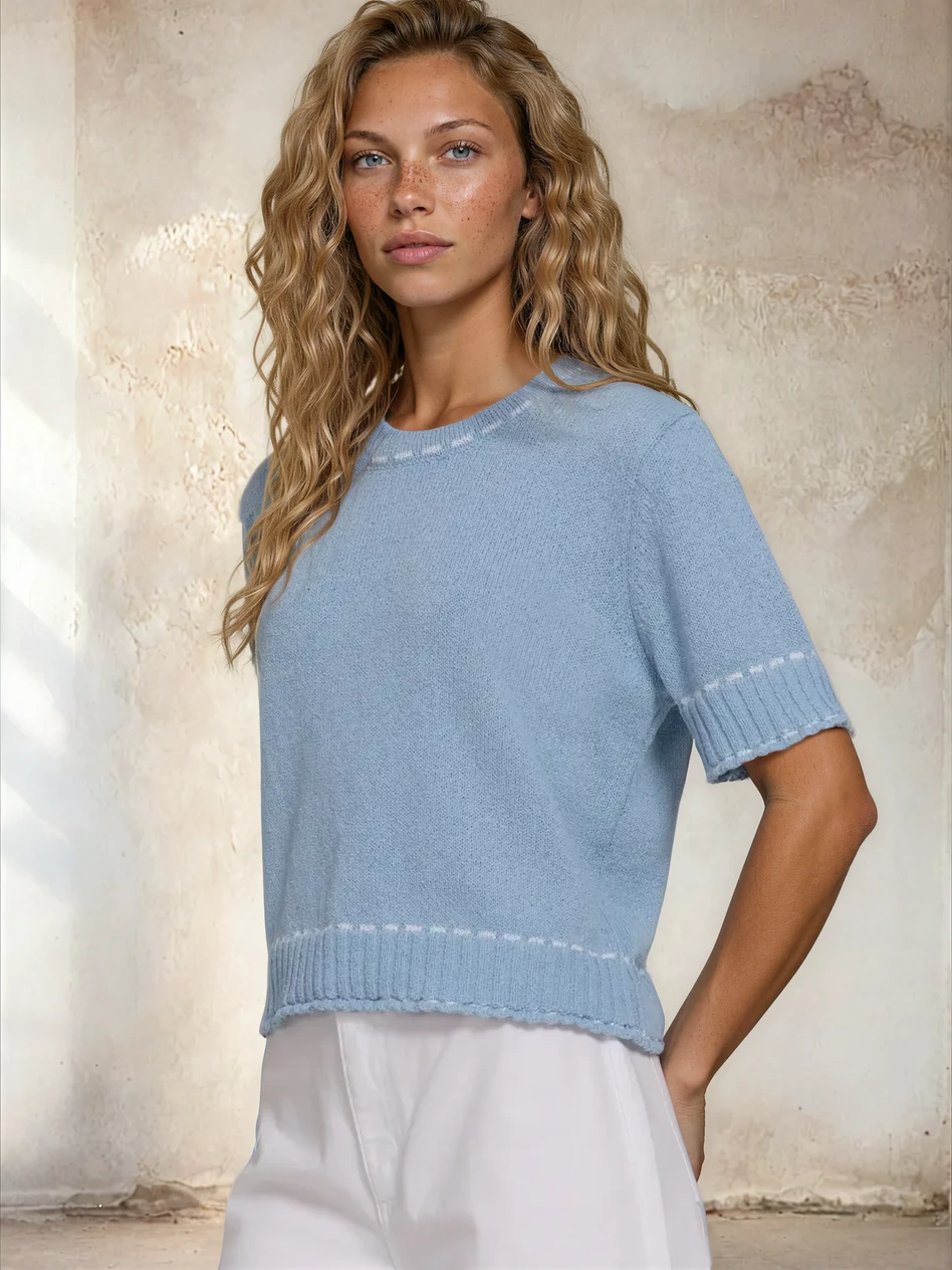 Short Sleeve Round Neck Sweater Blue/White