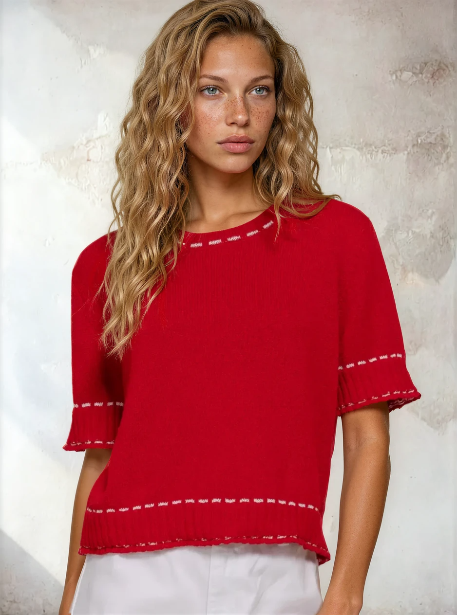 Short Sleeve Round Neck Sweater Red/White