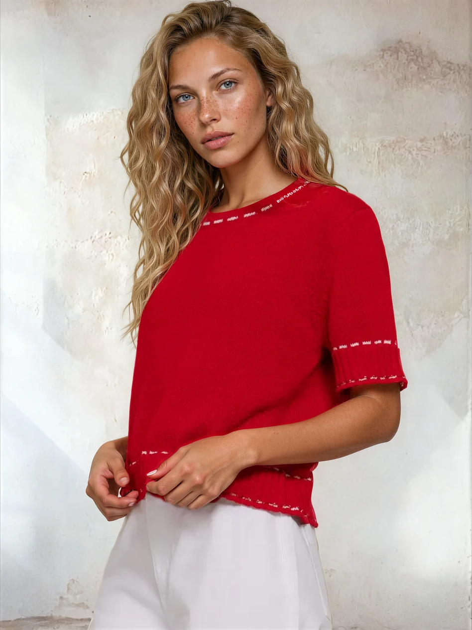 Short Sleeve Round Neck Sweater Red/White