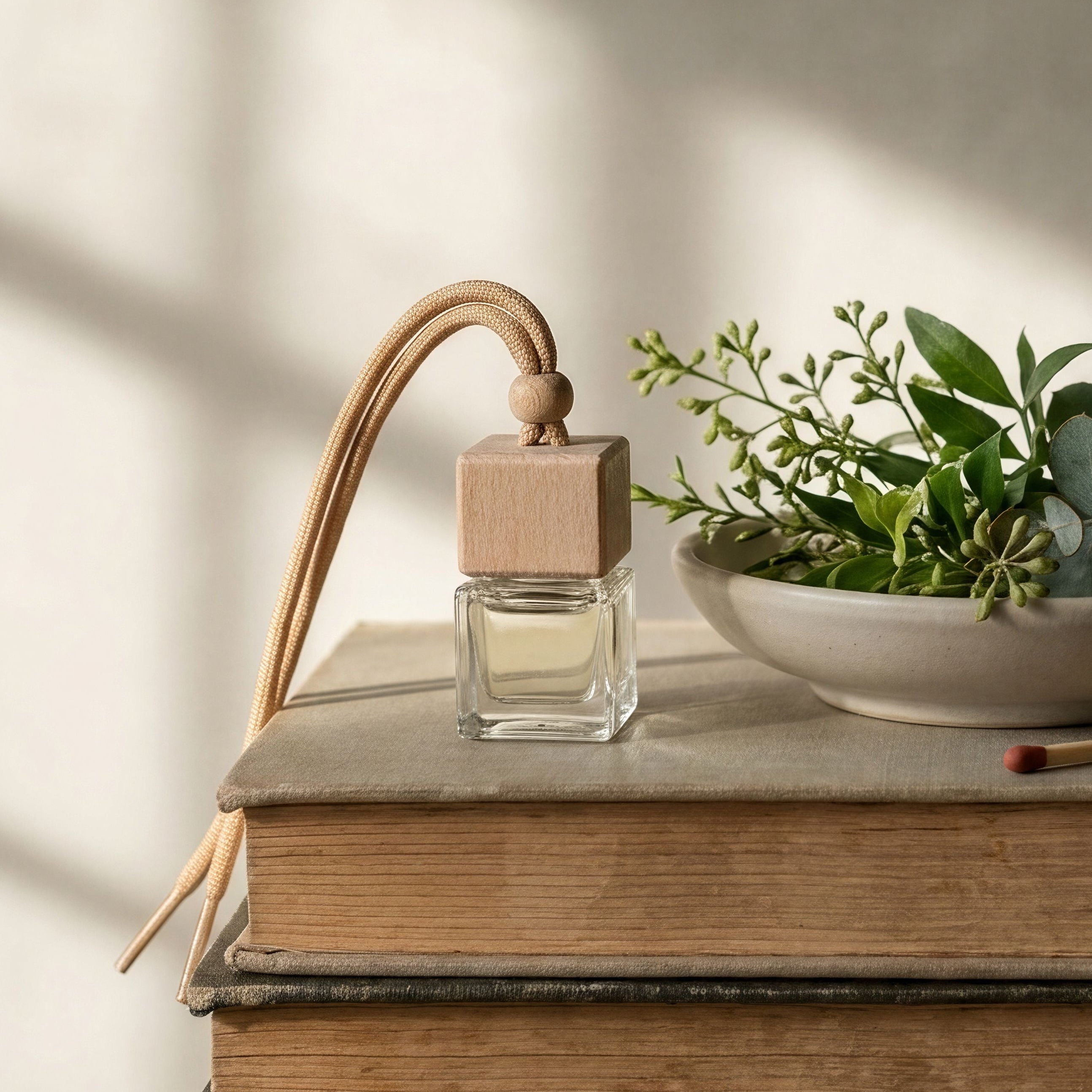 Small bowl with greenery, clear glass bottle, and wooden stick on a stack of books with sunlight casting shadows.