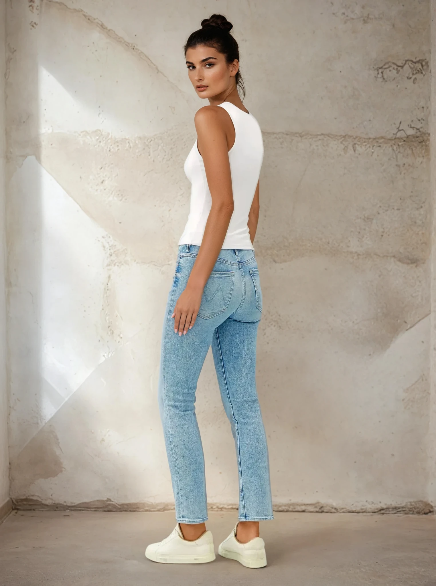 Woman wearing a white tank top and light blue jeans against a textured wall.