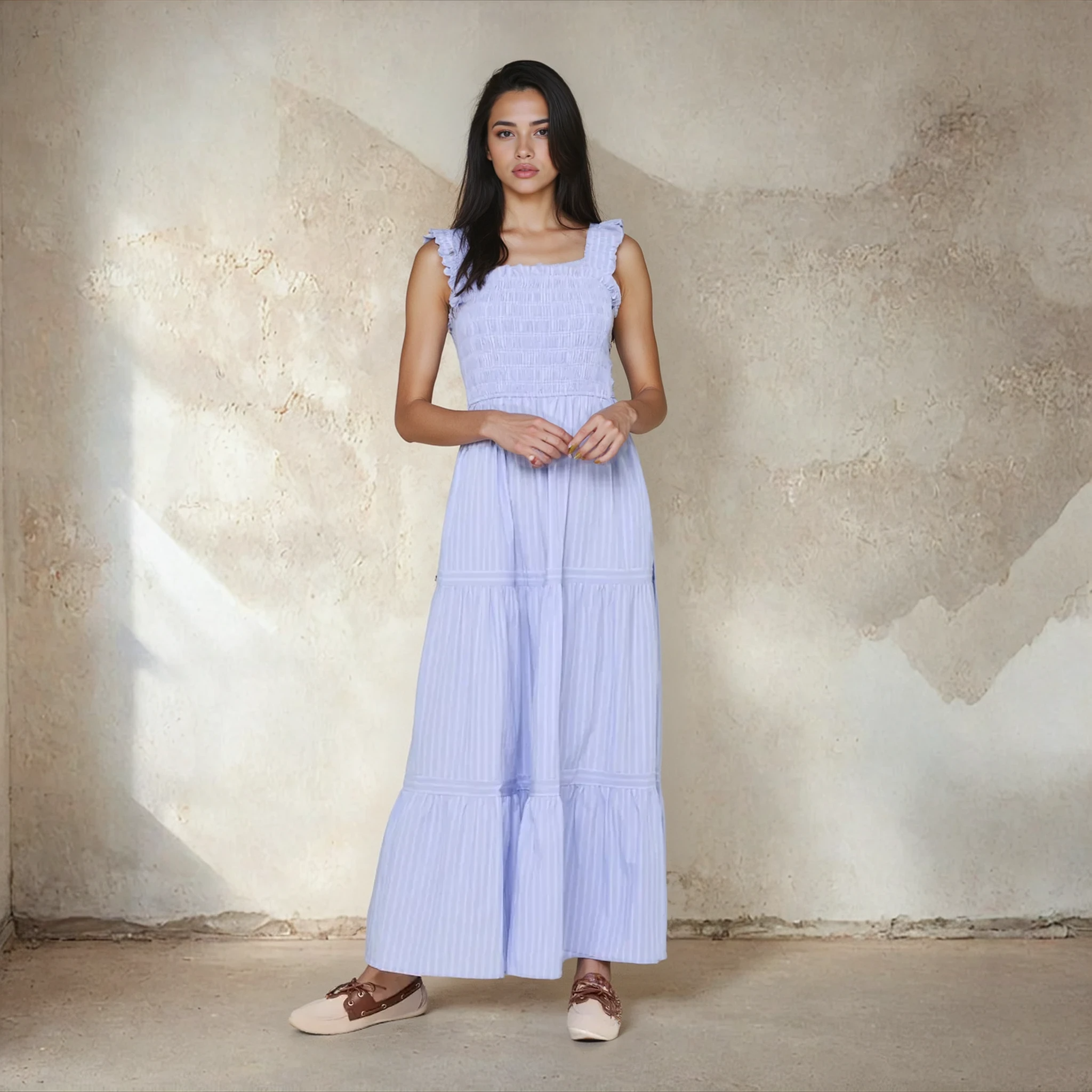 Woman wearing a light blue dress standing against a textured wall.