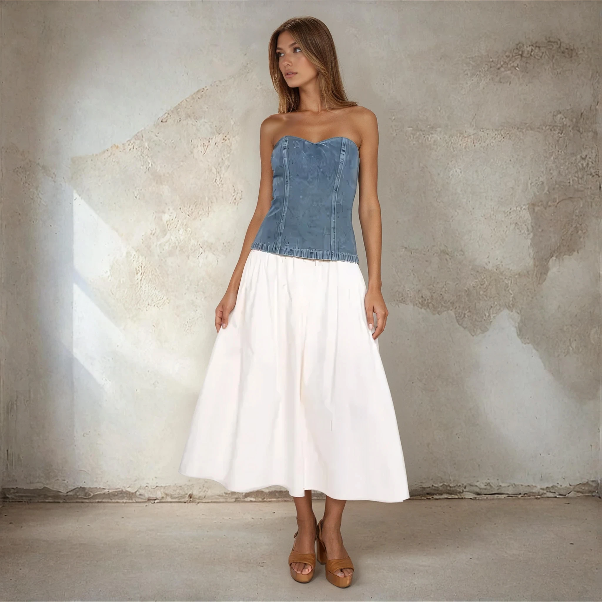 Woman wearing a denim strapless top and white skirt against a textured wall.