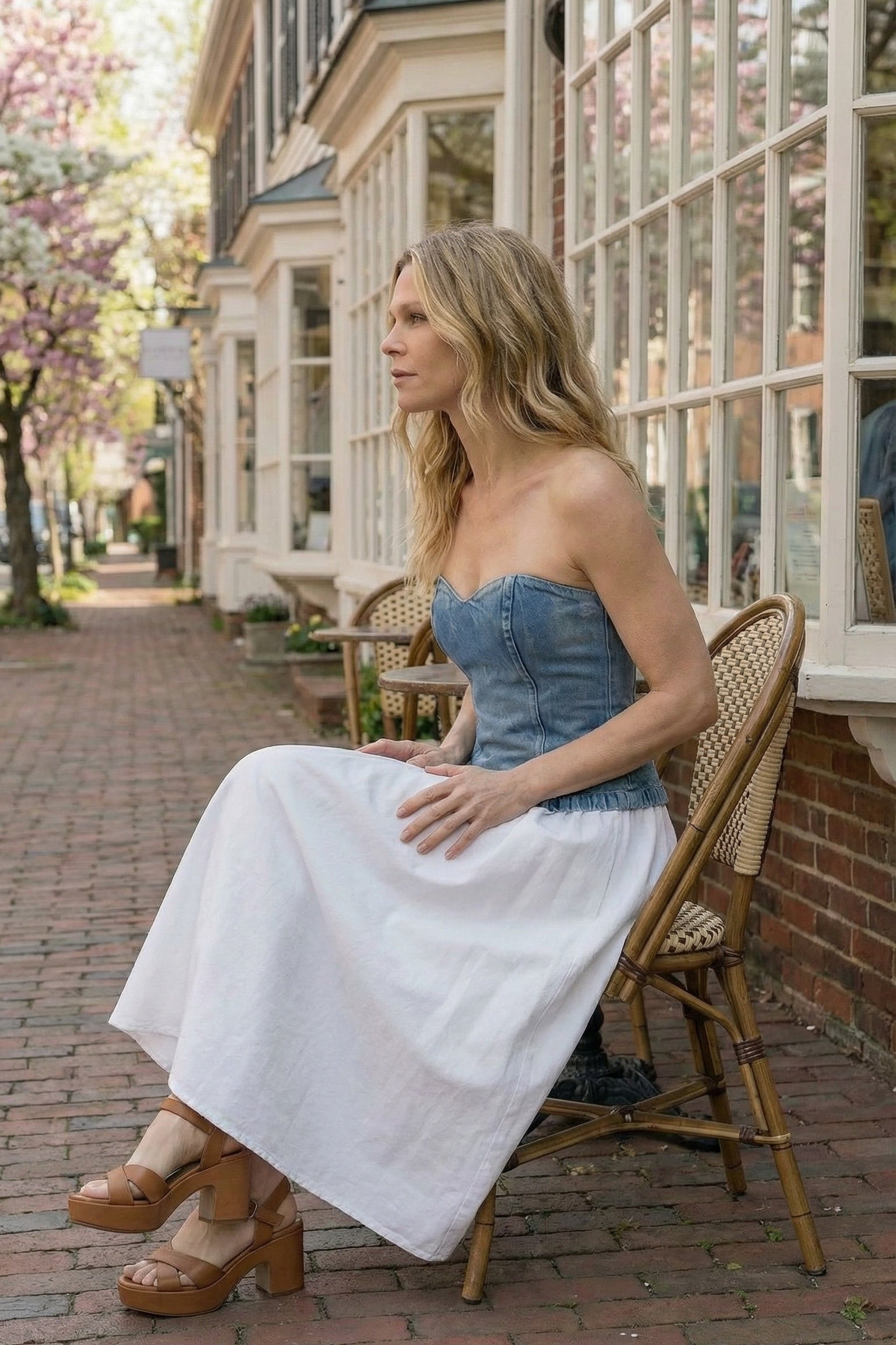 Woman sitting on a chair in a quaint street with shops and cherry blossoms.